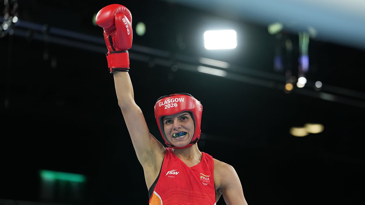 India's Sakshi celebrates after winning the women's 51kg boxing final at the Commonwealth Games in Glasgow, Scotland, Saturday, Aug. 1, 2026 - (AP Photo/Eranga Jayawardena)