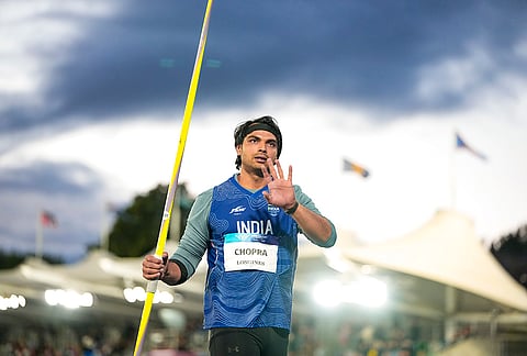India’s Neeraj Chopra during the men's javelin throw final at the Commonwealth Games 2026, in Glasgow, Scotland, Saturday, Aug 1, 2026. Chopra wins the silver medal in this event. 