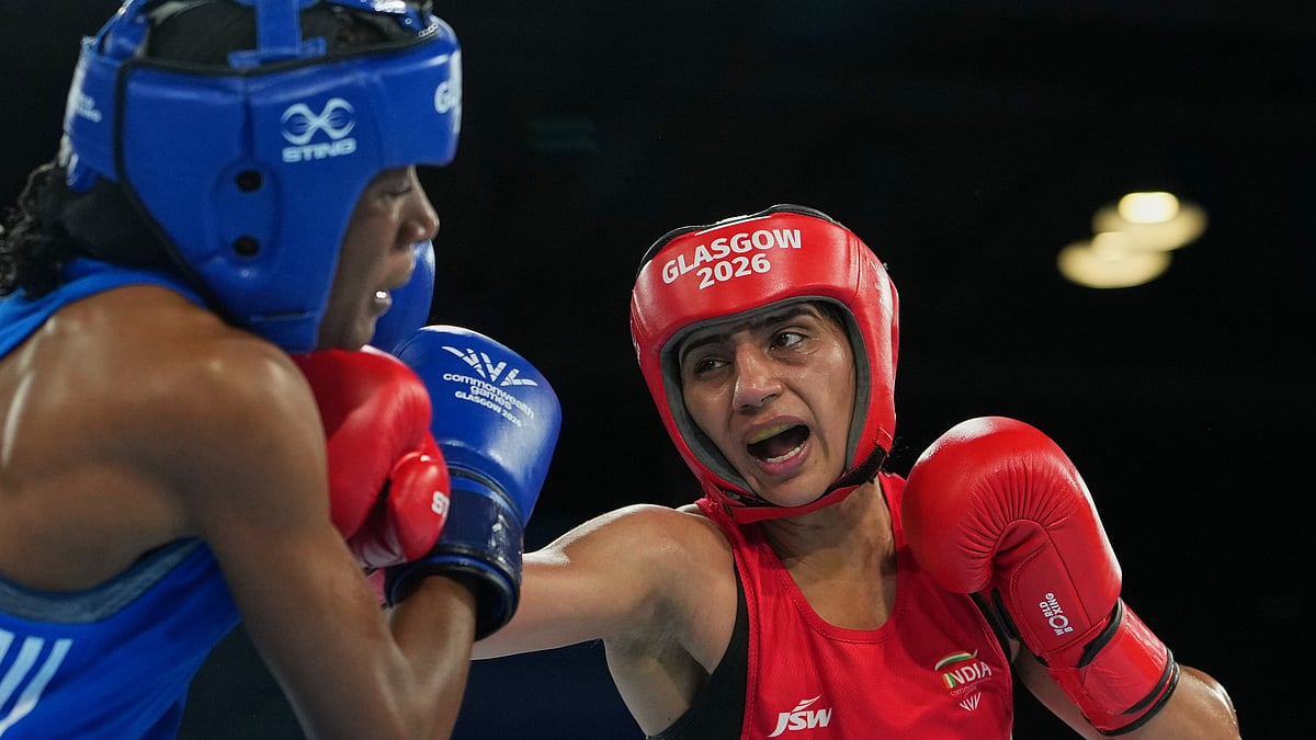 India's Preeti Pawar competes with Zambia's Catherine Mwape in the Women's 54kg Semi Final at the Commonwealth Games in Glasgow, Scotland, Friday, July 31, 2026. - (AP Photo/Eranga Jayawardena)