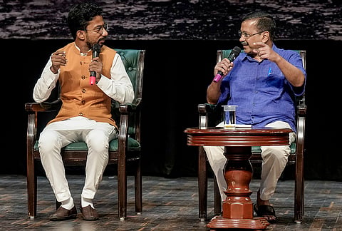 Aam Aadmi Party (AAP) national convener Arvind Kejriwal with comedian Shyam Rangeela during the 'National Town Hall Against E20', at the Constitution Club, in New Delhi.