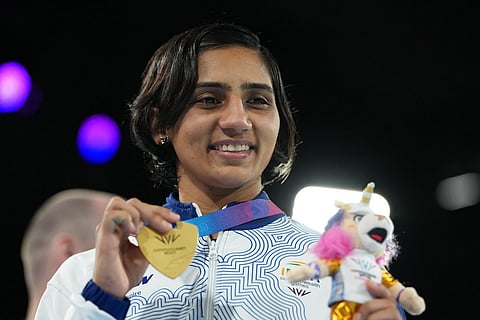 Gold medalist India's Preeti Preeti celebrates after winning the women's 54kg boxing final at the Commonwealth Games in Glasgow, Scotland, Saturday, Aug. 1, 2026. ()