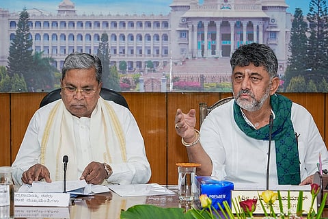 Karnataka Chief Minister DK Shivakumar and former state chief minister Siddaramaiah during an all-party meeting to chalk out the state's legal and political strategy on the Cauvery water-sharing dispute with Tamil Nadu, following the CWRC's direction to release 3,500 cusecs of water daily for 15 days, in Bengaluru.