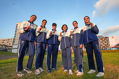 From left, Indian women boxers silver medallist Lovlina Borgohain (75kg) and gold medallists Jaismine Lamboria (57kg), Priya Ghanghas (60kg), Preeti Pawar (54kg), Sakshi Chaudhary (51kg) and Arundhati Choudhary (70kg) after the boxing events at the 23rd Commonwealth Games (CWG), in Glasgow, Scotland.