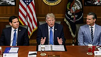 X@WhiteHouse : US President Donald Trump (center) with US Secretary of State Marco Rubio (left) and US Secretary of War Pete Hegseth (right) 