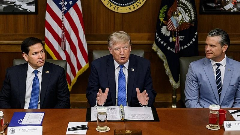 Trump with US Secretary of State Marco Rubio and US Secretary of War Pete Hegseth