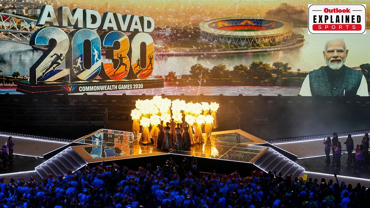 A vibrant glimpse of the future as Ahmedabad (Amdavad) 2030 is unveiled during the Commonwealth Games 2026 closing ceremony in Glasgow, with India's cultural showcase - Photo - PTI