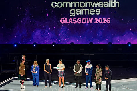 Commonwealth Sport President Donald Rukare, Indian Olympic Association (IOA) President P T Usha, Indian javelin thrower Neeraj Chopra, Gujarat Deputy Chief Minister Harsh Sanghavi, Scottish athlete Emily Nichol and other officials during the closing ceremony of the 23rd Commonwealth Games (CWG), at OVO Hydro, in Glasgow, Scotland.