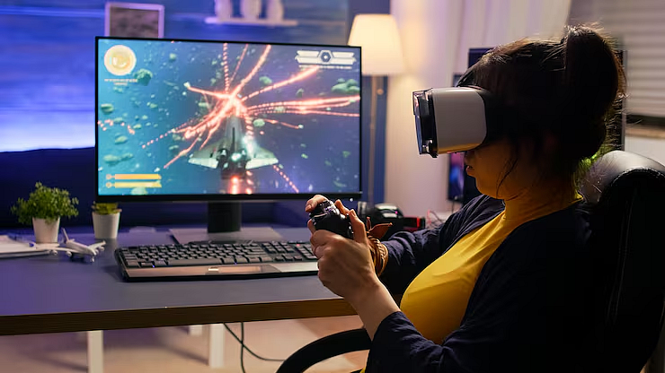 A person wearing a VR headset plays a space combat game