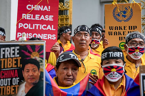 Tibetan refugees protest against China's new ethnic unity law, the "Law on Promoting Ethnic Unity and Progress", in Mumbai, Maharashtra.
