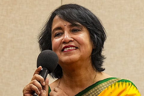 Exiled Bangladeshi author Taslima Nasrin addresses a press conference, in Kolkata, West Bengal.