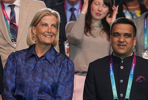 Britain's Sophie Duchess of Edinburgh, left sits next to Harsh Sanghavi future OC Chair for the Commonwealth Games in India 2030, during the closing ceremony for Commonwealth Games in Glasgow, Scotland, Sunday, Aug. 2, 2026. 