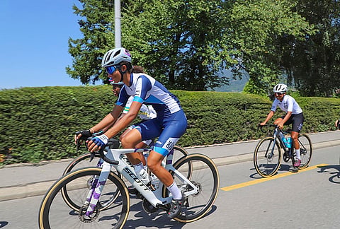 India's Harshita Jakhar rides during the ceremonial start of Stage 2 of the Tour de France Femmes, in Aigle, Switzerland. The 19-year-old became the first Indian woman to take part in the ceremonial start of the prestigious race as part of the UCI World Cycling Centre programme. 