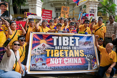 Tibetan refugees protest against China's new ethnic unity law, the "Law on Promoting Ethnic Unity and Progress", in Mumbai, Maharashtra.