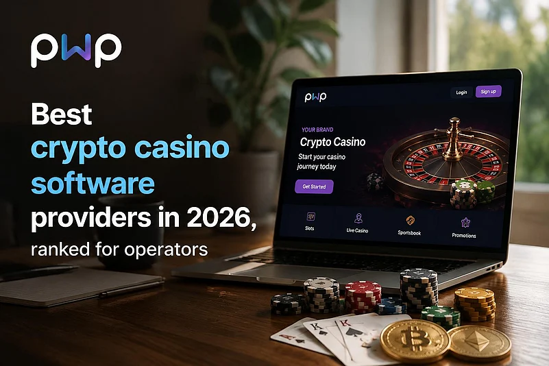 Laptop showing crypto casino website next to poker chips