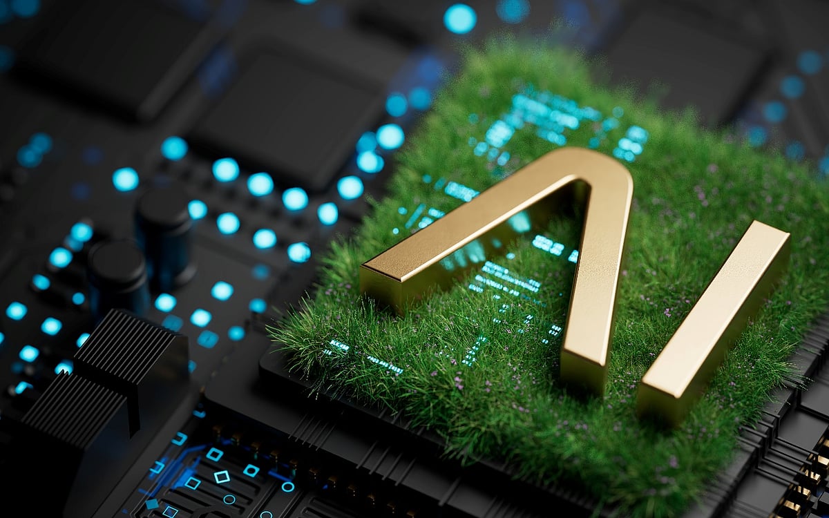 Gold AI text on a green grass computer chip