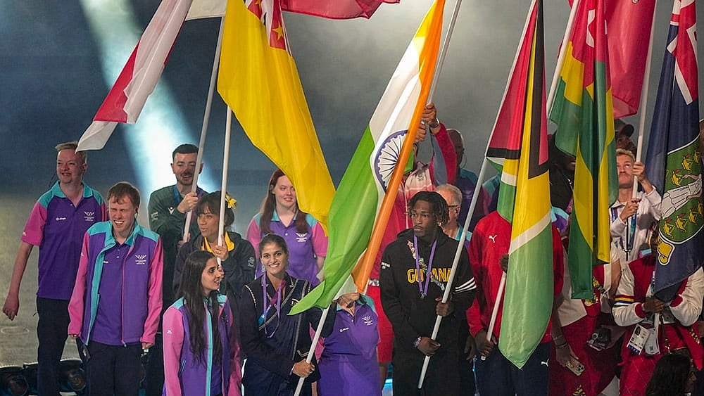 Indian boxer Jaismine Lamboria and other athletes during the closing ceremony of the 23rd Commonwealth Games (CWG), at OVO Hydro, in Glasgow, Scotland, Sunday, Aug. 2, 2026.  - | Photo: PTI/Ravi Choudhary
