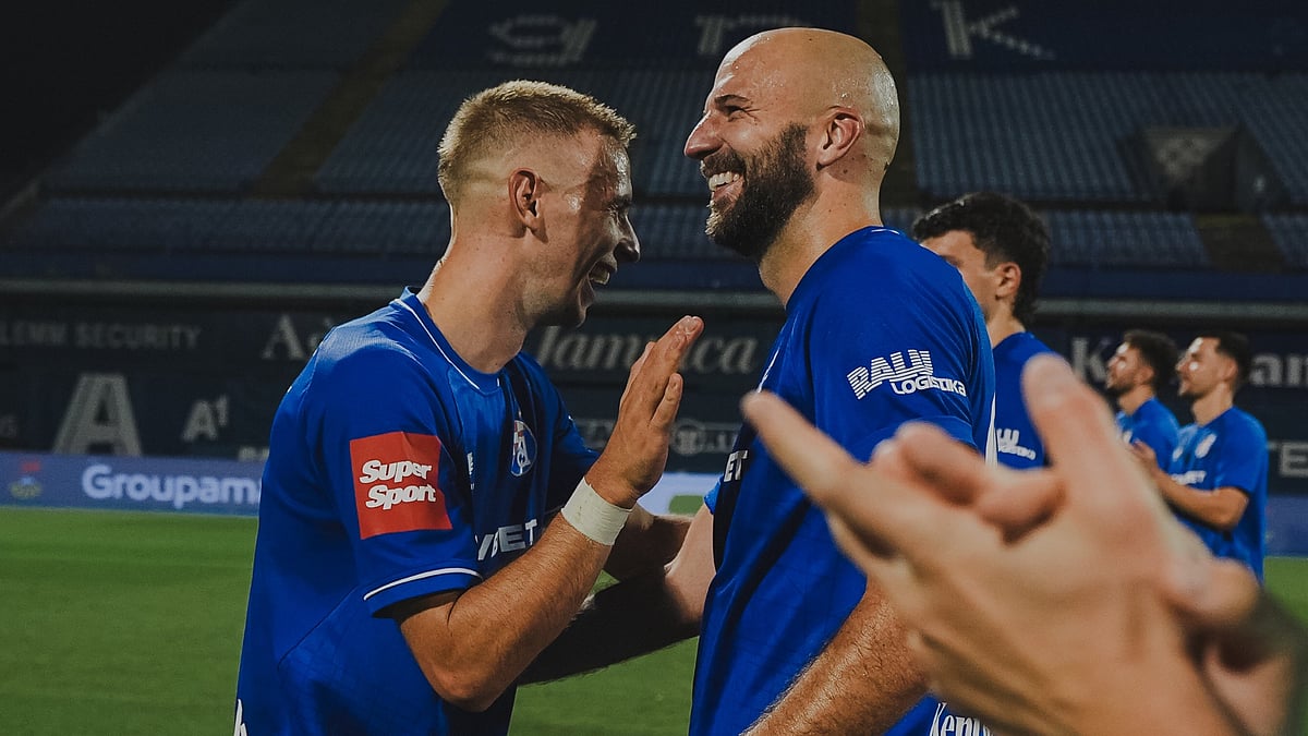Dinamo Zagreb players celebrate during a training session ahead of their UEFA Champions League qualifier at Stadion Maksimir - X/gnkdinamo