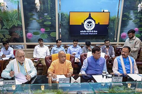 Uttar Pradesh Chief Minister Yogi Adityanath, Assembly Speaker Satish Mahana, and others, chair an all-party meeting ahead of the upcoming Monsoon Session of the state Assembly, at Vidhan Bhawan, in Lucknow, Uttar Pradesh.