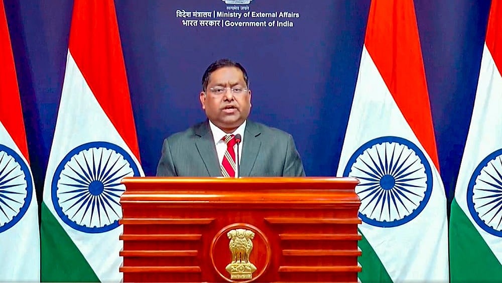 | Photo: PTI : Ministry of External Affairs Spokesperson Randhir Jaiswal speaks during a media briefing, in New Delhi. File Photo