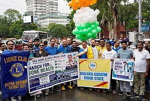| Photo: PTI : Doctors and volunteers participate in a walkathon to raise awareness about the prevention of osteoporosis, organised by the Bihar Orthopaedic Association, in Patna, Bihar.