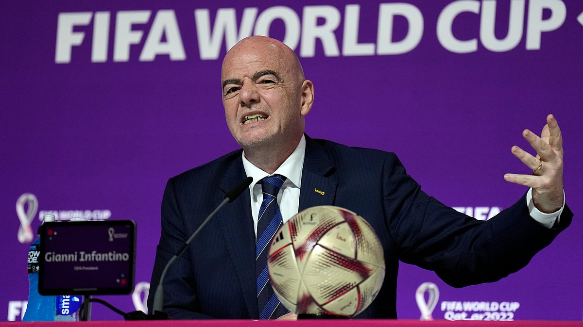 FILE - FIFA President Gianni Infantino gestures as he meets the media at the FIFA World Cup closing press conference in Doha, Qatar, Friday, Dec. 16, 2022. - (AP Photo/Martin Meissner, File)