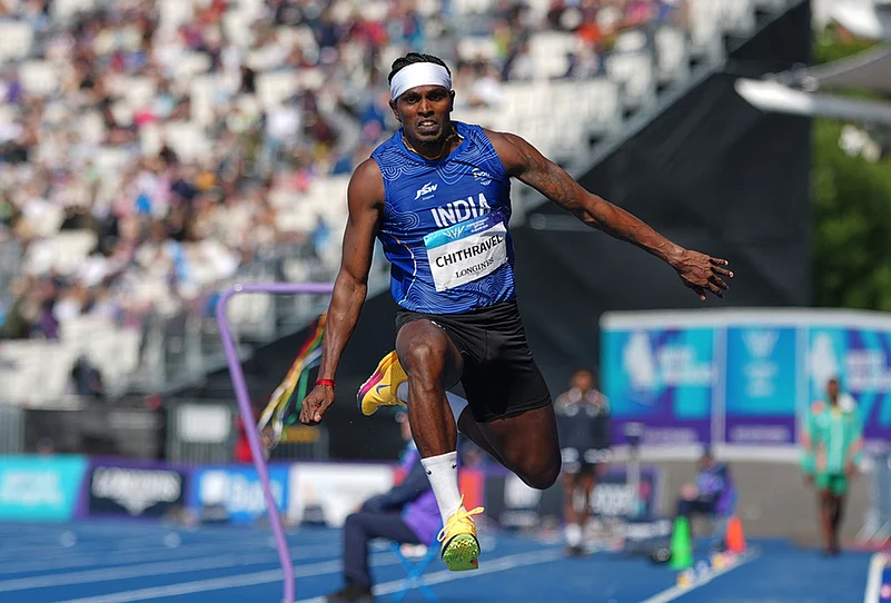 Indias Praveen Chithravel competes in the mens triple jump final