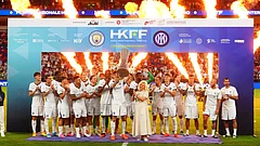 Inter Mllan's players raise the Asahi Super Dry Trophy after defeating Manchester City in a pre-season friendly match for the Hong Kong Football Festival in Hong Kong on Saturday. - AP Photo/Chan Long Hei/X