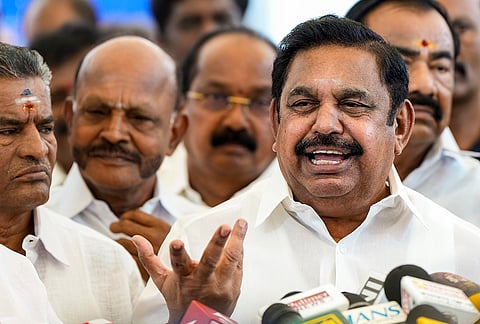 AIADMK leader Edappadi K Palaniswami addresses the media after the presentation of the TVK government's maiden Budget (Revised Estimates for 2026-27) in the Tamil Nadu Assembly, at the state Secretariat at Fort St. George, in Chennai.