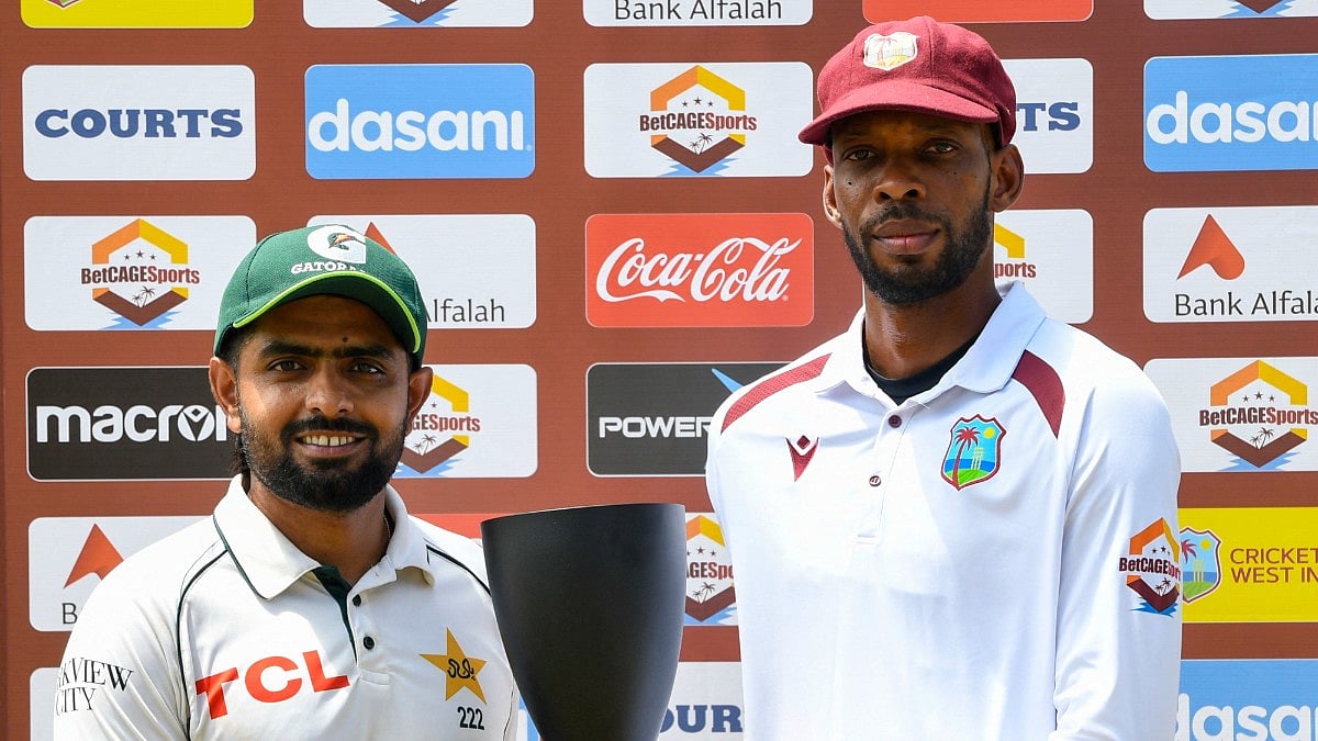 Pakistan captain Babar Azam and West Indies skipper Roston Chase sharing the tropy as the two-match Test series end up 1-1 - X/windiescricket