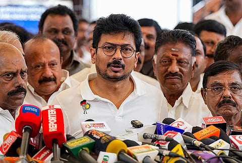 Leader of Opposition in Tamil Nadu Assembly Udhayanidhi Stalin addresses the media after the presentation of the TVK government's maiden Budget (Revised Estimates for 2026-27) in the state Assembly, at the state Secretariat at Fort St. George, in Chennai.