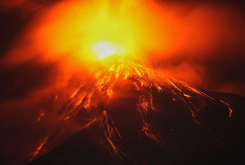 Lava flows out of the crater of the Fuego Volcano, as seen from San Juan Alotenango, Guatemala, Tuesday, Aug. 4, 2026.