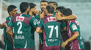mohunbagansg/X : Mohun Bagan footballers celebrating a goal against South United FC in Durand Cup 2026.