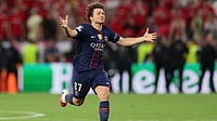 | Photo: AP/Armin Durgut : PSG's Joao Neves celebrates after winning the Champions League final soccer match between Paris Saint-Germain and Arsenal in Budapest, Hungary.