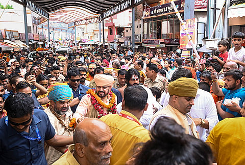 BJP MP and ex-Wrestling Federation of India (WFI) chief Brij Bhushan Sharan Singh arrives to offer prayers at Hanuman Nagar after getting acquitted in the alleged sexual harassment case filed by women wrestlers, in Ayodhya, Uttar Pradesh.