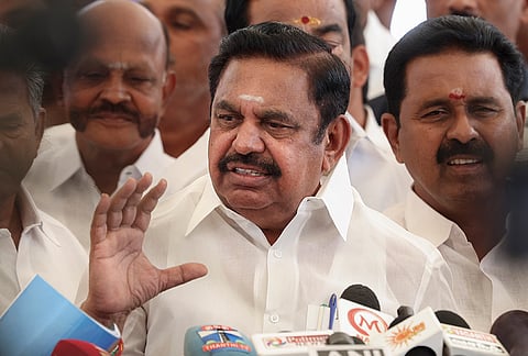 All India Anna Dravida Munnetra Kazhagam  (AIADMK) General Secretary Edappadi K. Palaniswami along with party leaders during a press conference after the Tamil Nadu Legislative Assembly session for the presentation of the TVK-led government’s maiden Agriculture Budget, at Secretariat, Fort St. George, in Chennai.