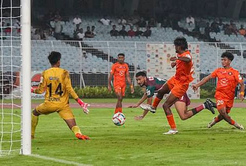 Mohun Bagan Super Giant's Manvir Singh scores a goal against South United FC during a Durand Cup 2026 football match, in Kolkata, West Bengal, Tuesday, Aug. 4, 2026. 