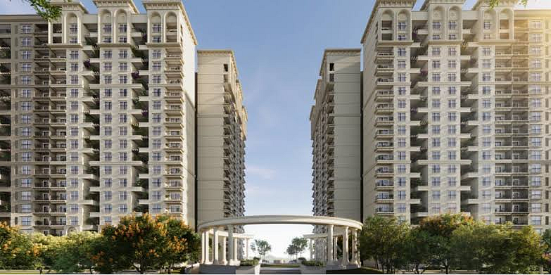 Modern multistory residential buildings with a central archway
