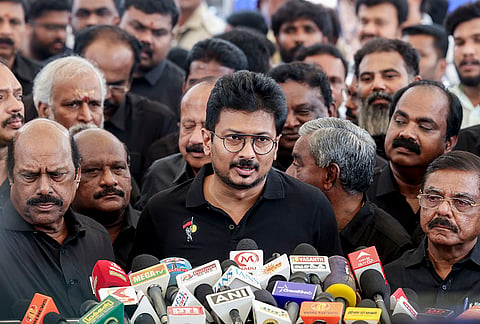 Leader of Opposition and Dravida Munnetra Kazhagam (DMK) Youth Wing Secretary Udhyanidhi Stalin along with party leaders during a press conference after the Tamil Nadu Legislative Assembly session for the presentation of the TVK-led government’s maiden Agriculture Budget, at Secretariat, Fort St. George, in Chennai.