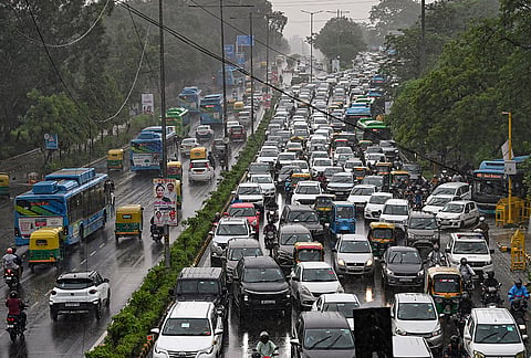 Heavy traffic congestion seen at the ITO intersection following rainfall, in New Delhi.