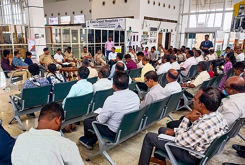Central Reserve Police Force (CRPF) Commandant Yogesh Purohit addresses the gathering of police officers and officials during an inspection of security arrangements at Puducherry Airport ahead of Union Home Minister Amit Shah’s scheduled visit on August 8th, in Puducherry.