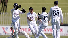 Pakistan vs England 3rd Test: England's Rehan Ahmed celebrates with teammates after taking the wicket of Pakistan's Mohammad Rizwan - | Photo: AP/Anjum Naveed