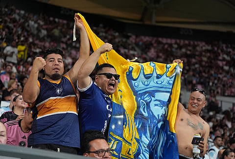 Atletico de San Luis fans cheer on their team during the second half of a Leagues Cup soccer match against Inter Miami, Wednesday, Aug. 5, 2026, in Miami. 