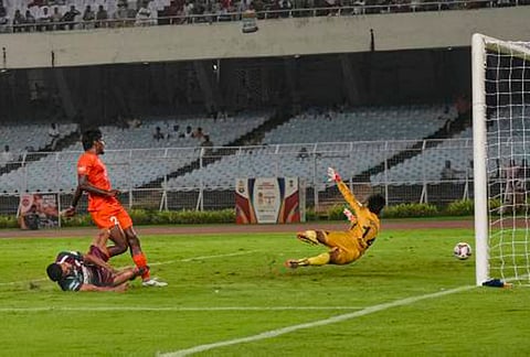 Mohun Bagan Super Giant's Manvir Singh attempts to score a goal against South United FC during a Durand Cup 2026 football match, in Kolkata, West Bengal, Tuesday, Aug. 4, 2026. 