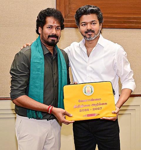 Tamil Nadu Chief Minister Joseph Vijay along with state Agriculture Minister Vinoth Ravi ahead of presenting their maiden Agriculture Budget in the state Legislative Assembly, in Chennai.