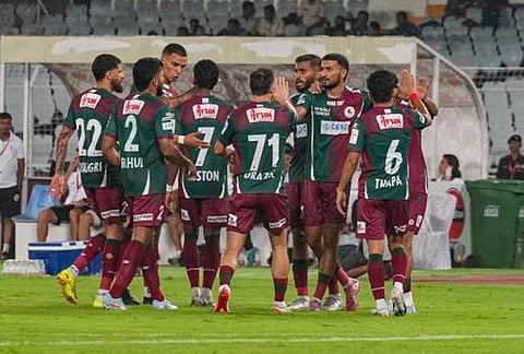 Mohun Bagan Super Giant's team during a football match against South United FC amid the ongoing Durand Cup 2026, in Kolkata, West Bengal, Tuesday, Aug. 4, 2026. 
