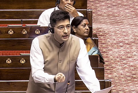BJP MP Raghav Chadha speaks in the Rajya Sabha during the Monsoon session of Parliament, in New Delhi.