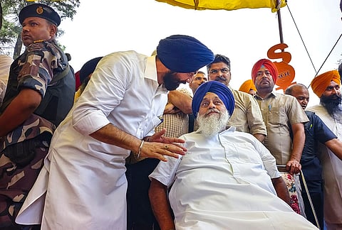Shiromani Akali Dal (SAD) President Sukhbir Singh Badal during a protest by Students Organisation of India (SOI) against the alleged examination paper leaks, in Patiala, Punjab.