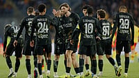 | Photo: AP/Jean-Francois Badias : PSG's players celebrate after Khvicha Kvaratskhelia, unseen, scored the opening goal during the French League One soccer match between Lens and Paris Saint Germain, in Lens, northern France.
