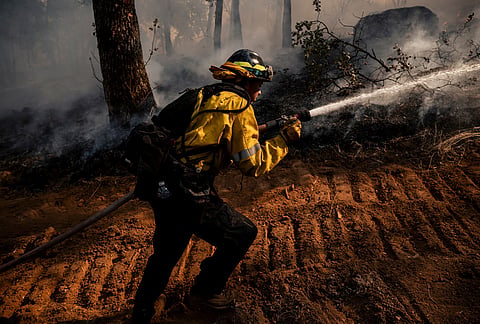 Firefighter Avery Stark with the Cal Fire Tuolumne Calaveras Unit puts water near a dozer line while battling the Gann Fire near Angels Camp in Calaveras County, California, Tuesday, Aug. 4, 2026. 