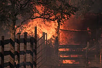 | Photo: Stephen Lam/San Francisco Chronicle via AP : A structure is engulfed in flames during the Gann Fire near Angels Camp in Calaveras County, California, Tuesday, Aug. 4, 2026. 